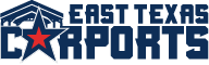 East Texas Carports blue logo with stylized design